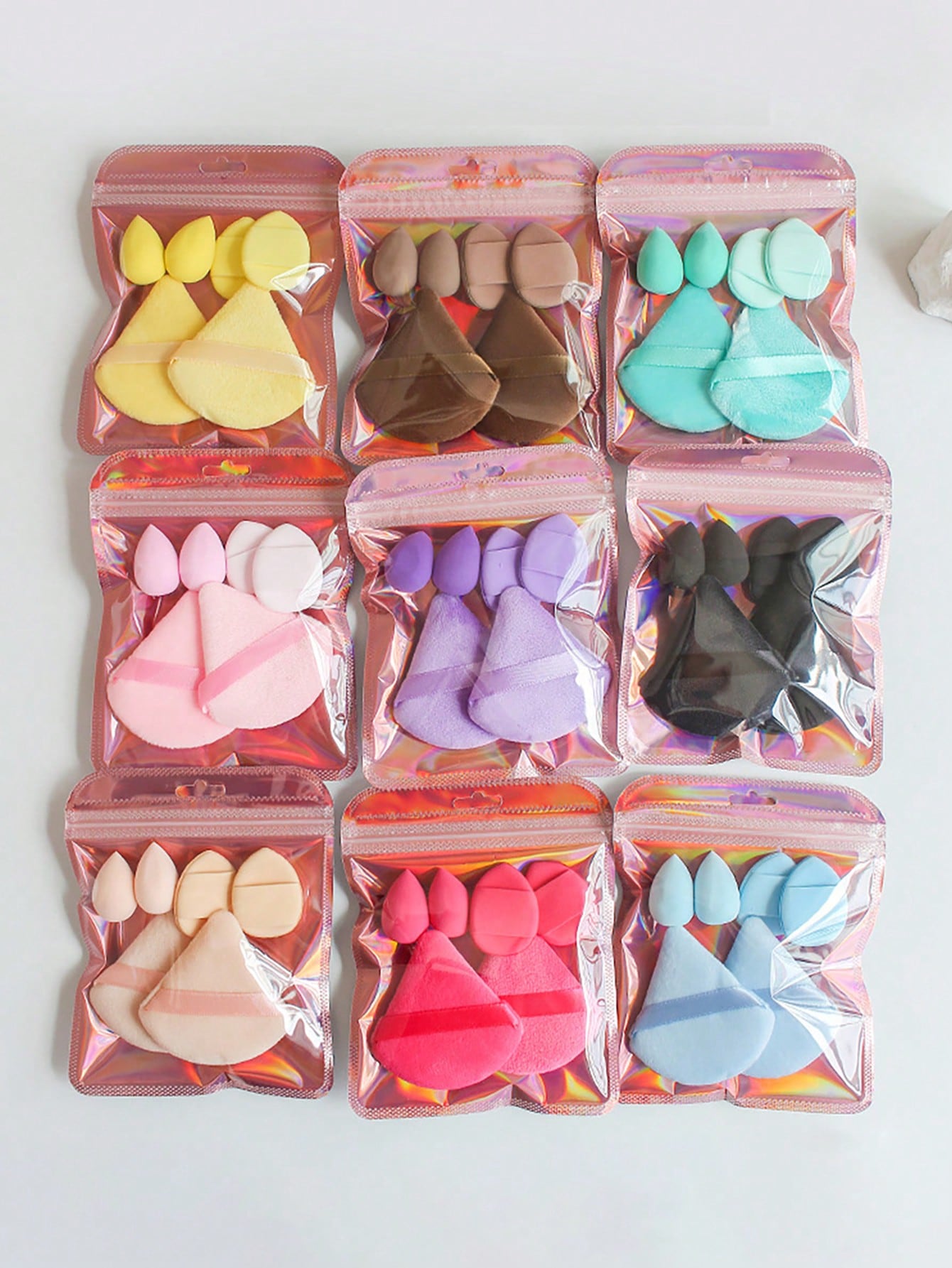 Beauty Makeup Egg - 6個入りレーザーバッグ三角パウダーパフ、ビューティーエッグセット、再利用可能な多機能メイクアップツール、ファンデーションメイクに最適、ma