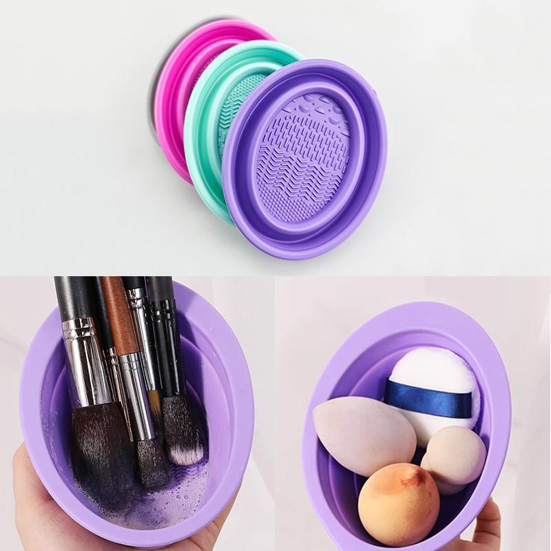 Beauty Makeup Brands - ソフトシリコーン化粧ブラシクリーナー折りたたみパウダーパフクリーニングボウルアイシャドウブラシ洗浄クリーンマット美容ツールスクラバーボックス