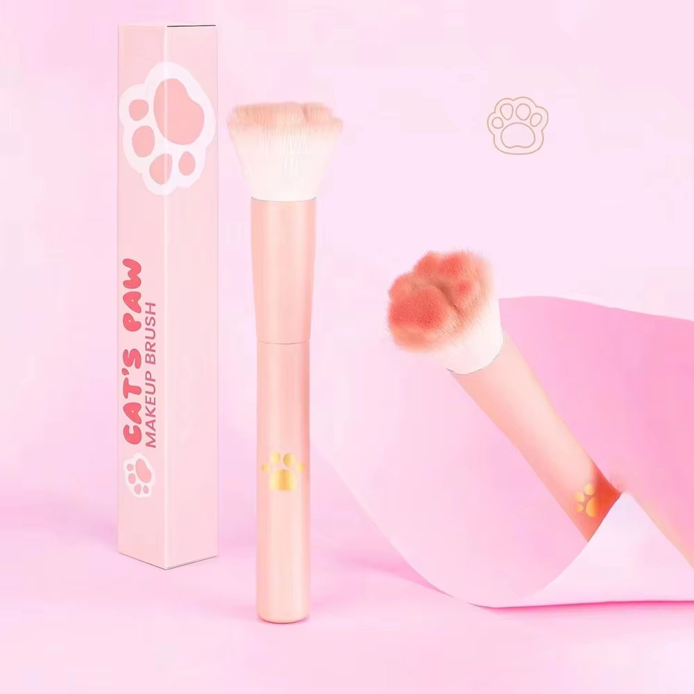 Beauty Queen Makeup - 1個入り猫の足型チークブラシ、収納ボックス付き、柔らかい毛先のメイクブラシ、チーク、パウダー、輪郭、ハイライター用、プロ仕様フェイスブラシ
