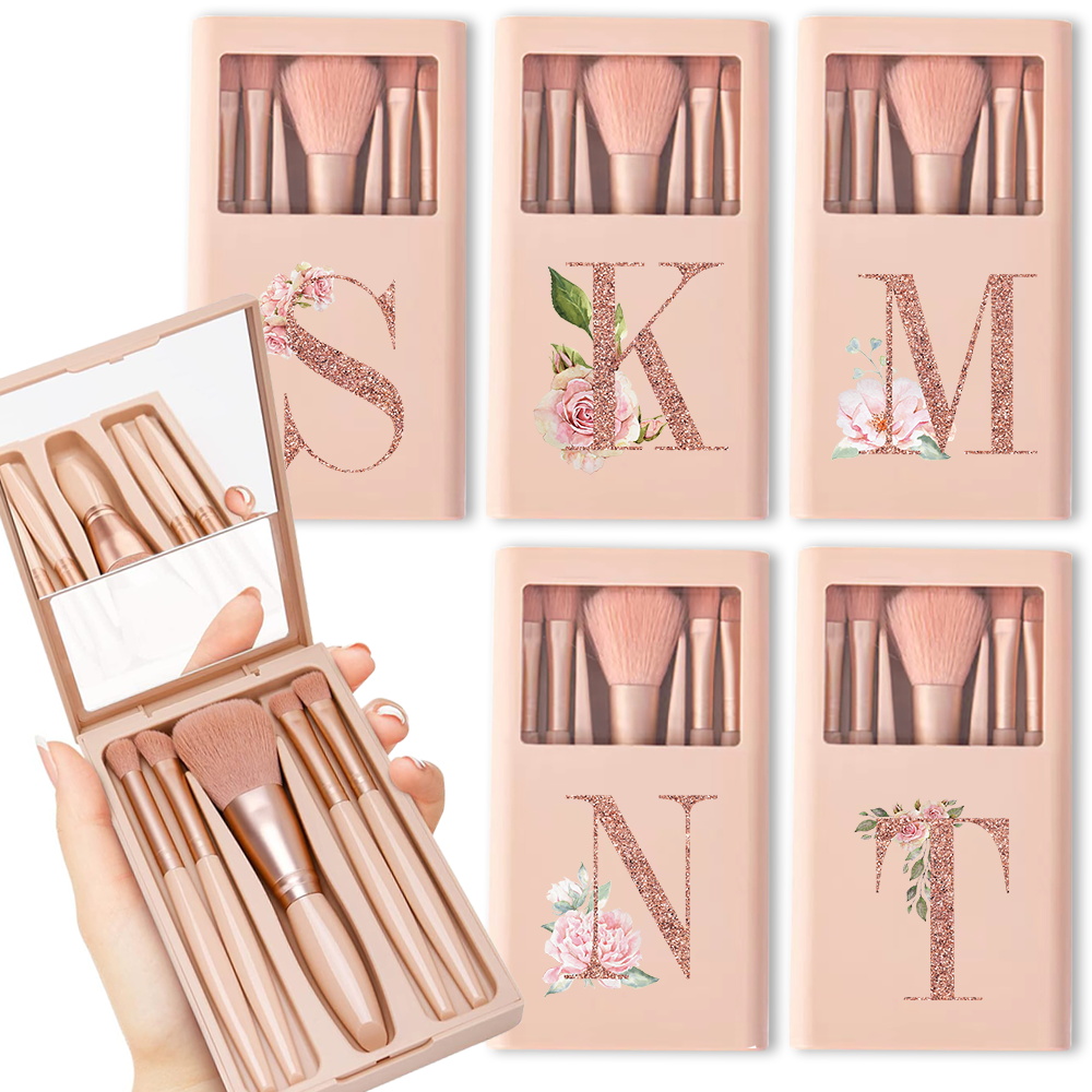 Beauty Makeup Case - 5 個の化粧ブラシキットミラーとケース付き折りたたみボックス収納化粧ブラシセットポータブル美容ツールローズゴールド文字パターン