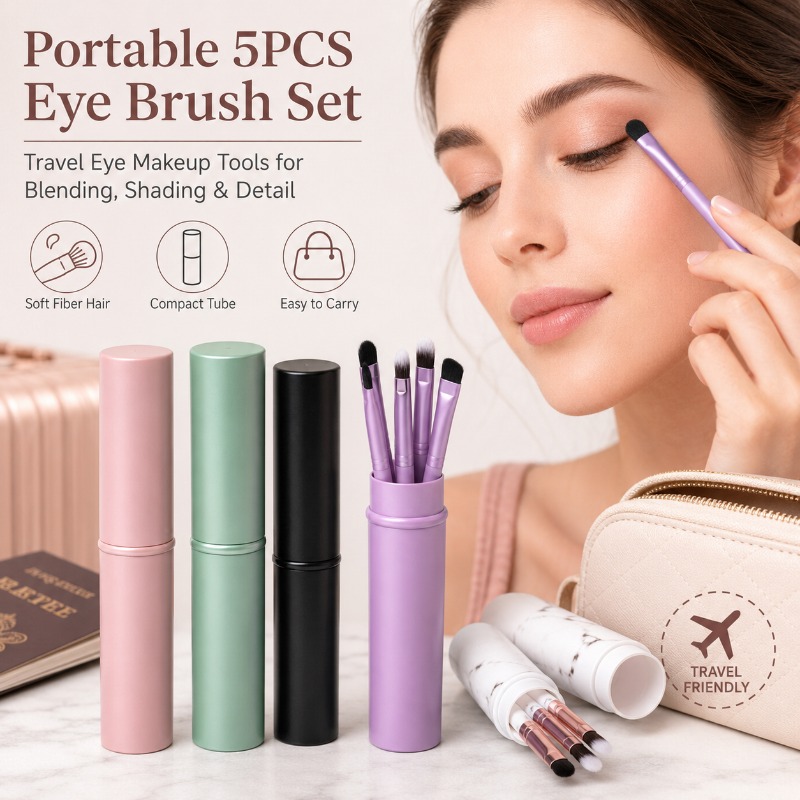 Beauty Makeup Youtube - 5個入り携帯用アイメイクブラシセット、収納チューブ付き、ソフトファイバーアイシャドウアイライナー眉鼻輪郭トラベルビューティーツールキット