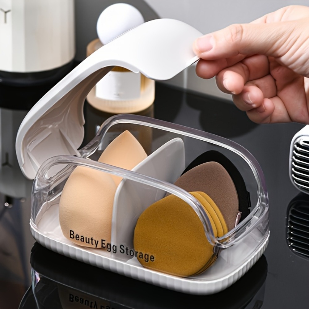 Beauty Blender In Makeup - デュアルコンパートメント美容スポンジ収納ボックス透明蓋メイクアップブレンダーホルダー防塵分割化粧パフオーガナイザーケース